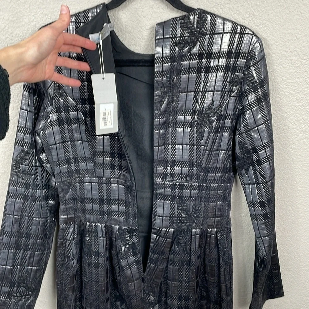 NWT Sabrina Lachapelle Textured Plaid Brocade Metallic Long Sleeve Dress Sz 36